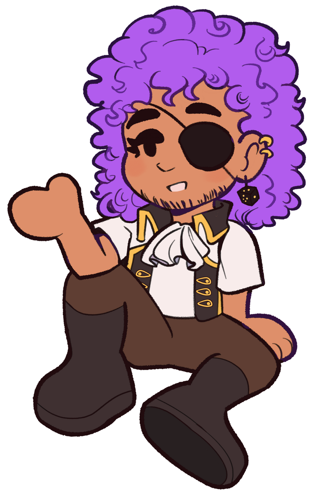 Pirate's PNGtuber is sitting down with their left arm holding their weight on the floor and their right elbow on his knee in a gestering pose. They have purple curly hair, light brown skin, an eye patch covering the left eye, and scruffy facial hair.