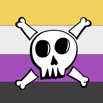 A logo of a skull and crossbones. The background is the nonbinary colors (from top to bottom, yellow, white, purple, and black).